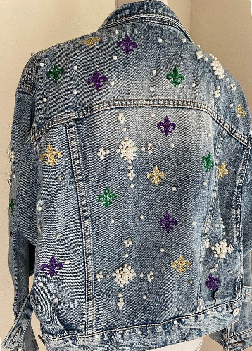Mardi Gras jeans jacket /Fleur De Lis jeans jacket/ Rhinestone