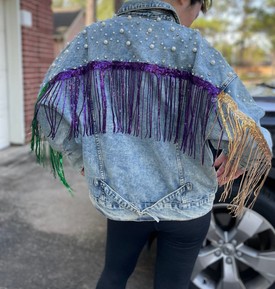 Mardi Gras Rhinestone Fringe with Studed Collar Jacket