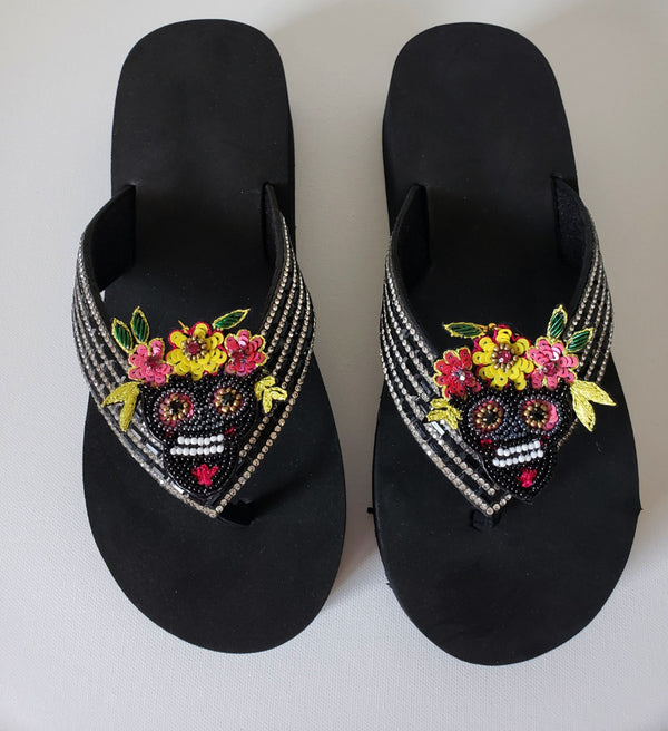 Women Flip Flop / Bling Rhinestone Sandals /Sugar Skull flowers