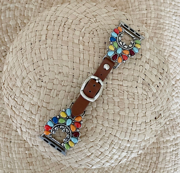 Brown Leather with Turquoise and White Sunrise Concho 38/40MM Watch Band