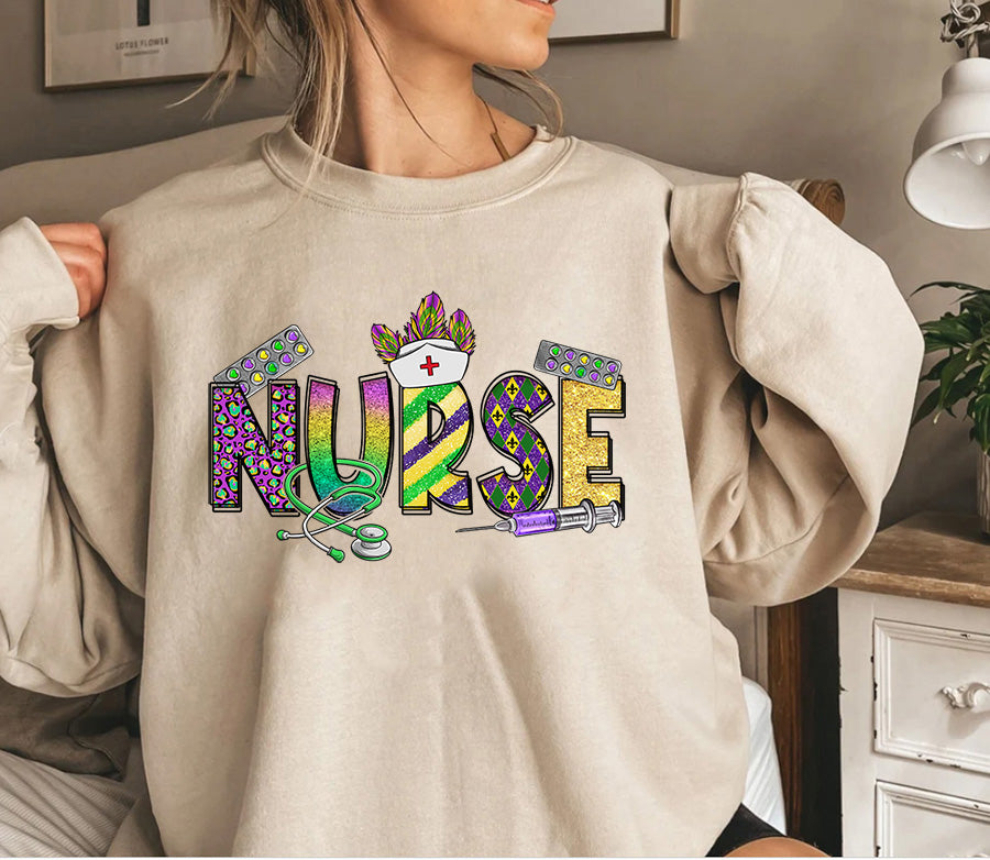 Mardi gras Nurse tshirt / Mardi Gras Celebration Shirt, Fat Tuesday Gift Shirt, Funny Carnival Tee, Festival Shirt, Purple Green Gold Tee