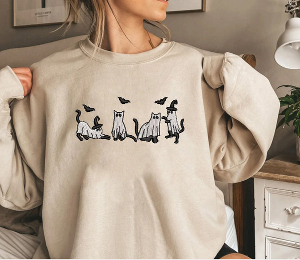 Spooky Season Sweatshirt,  Embroidered Cat Ghost Sweatshirts | Spooky Halloween Season Crewnecks,Cute Halloween Apparel, Fall Season Crewneck ,Spooky Season