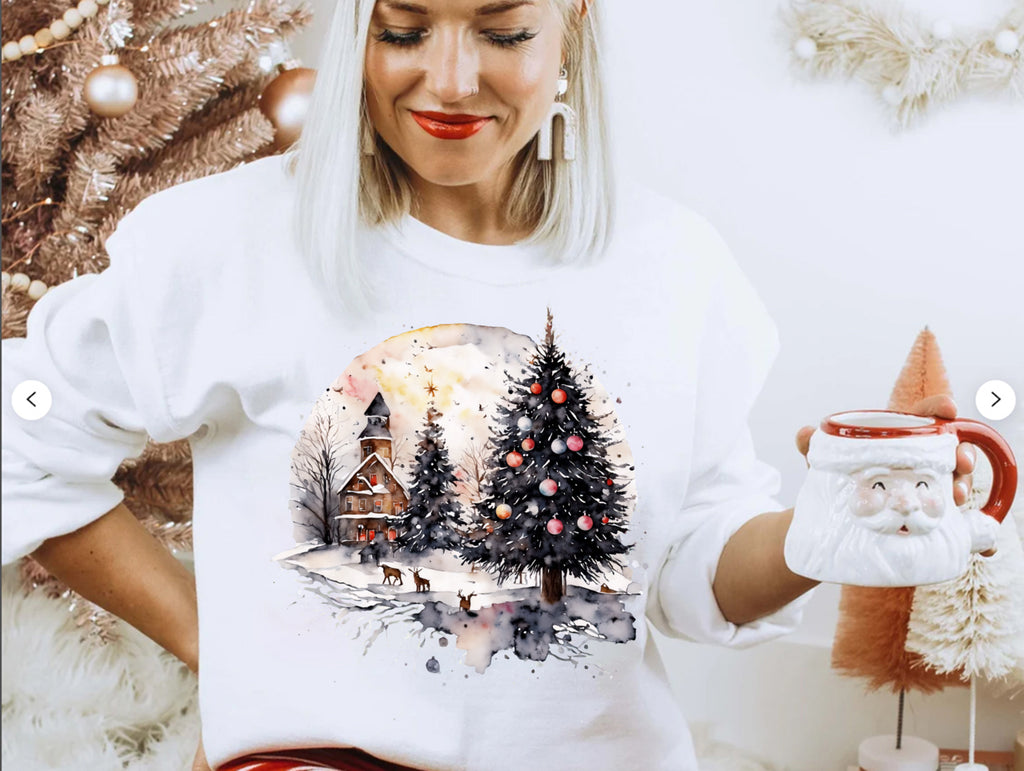 Idyllic Winter Scene Watercolor Painting,Merry Christmas Crewneck Sweatshirt, Country Christmas,Holiday