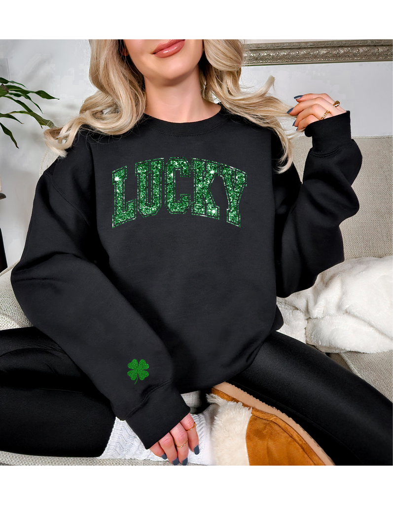 Glitter Lucky Sweatshirt - Irish Sweatshirt - Shamrock Elbow Patch Sweatshirt - St Pattys Sweatshirt - St Patricks Day Outfit -