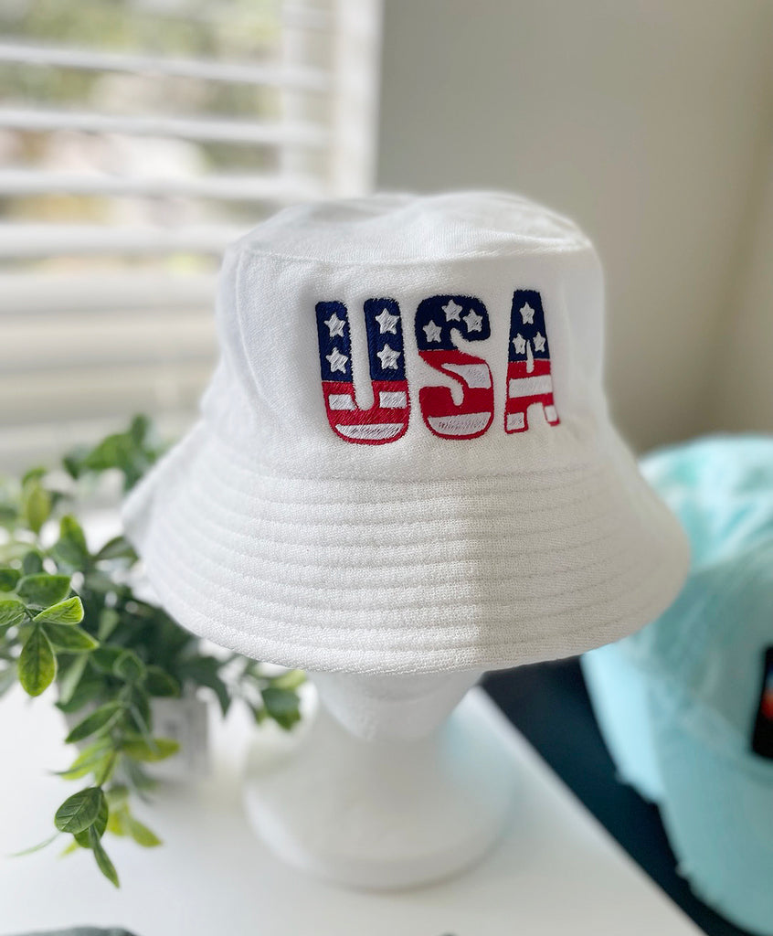USA Flag Embroidery Terry towel Bucket Hat ,Personalized USA Flag Bucket Hat, 4th of July Hat , Patriotic cap, Fourth of July, Add your name