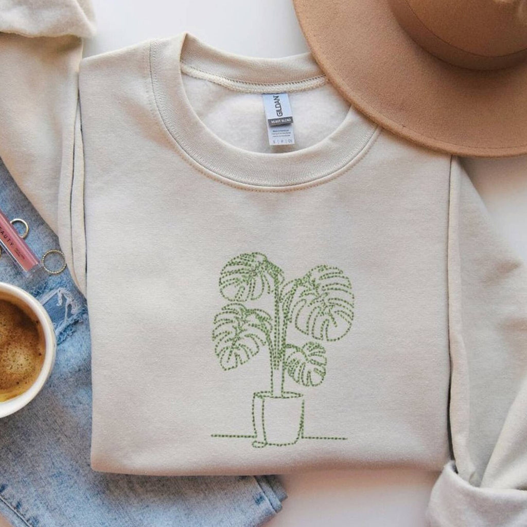 Embroidered Monstera Plant Sweatshirt, Embroidery Houseplant Monstera Sweatshirt