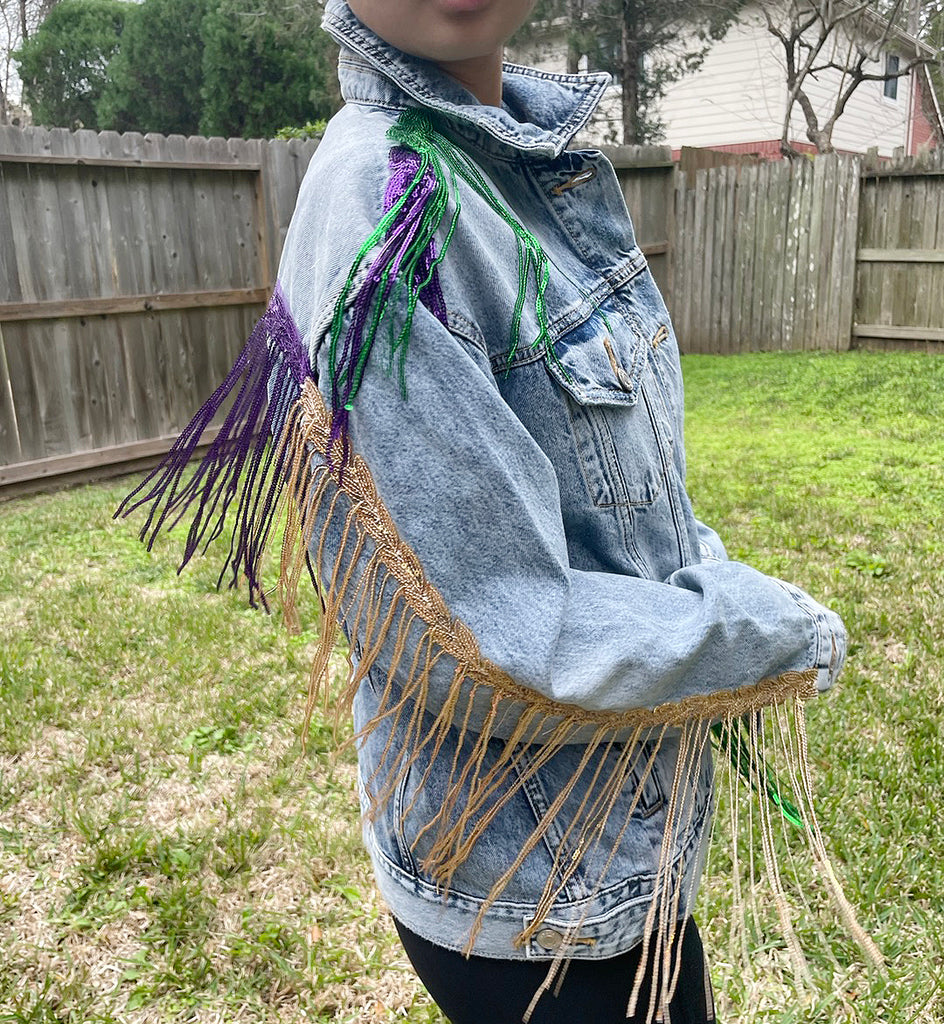 Mardi Gras fringed denim jacket/ Mardi Gras denim jacket