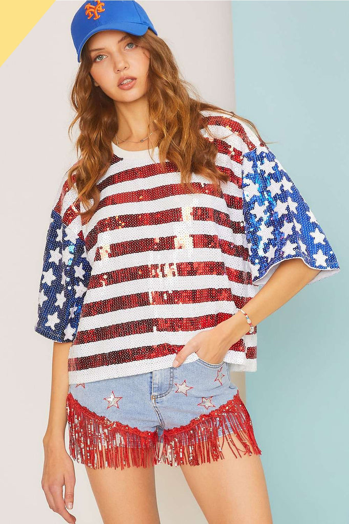 4th Of July Theme Sequin  Top