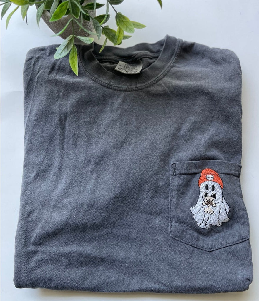 Embroidered Ghost with French Bulldog Comfort Color Pocket T-shirts