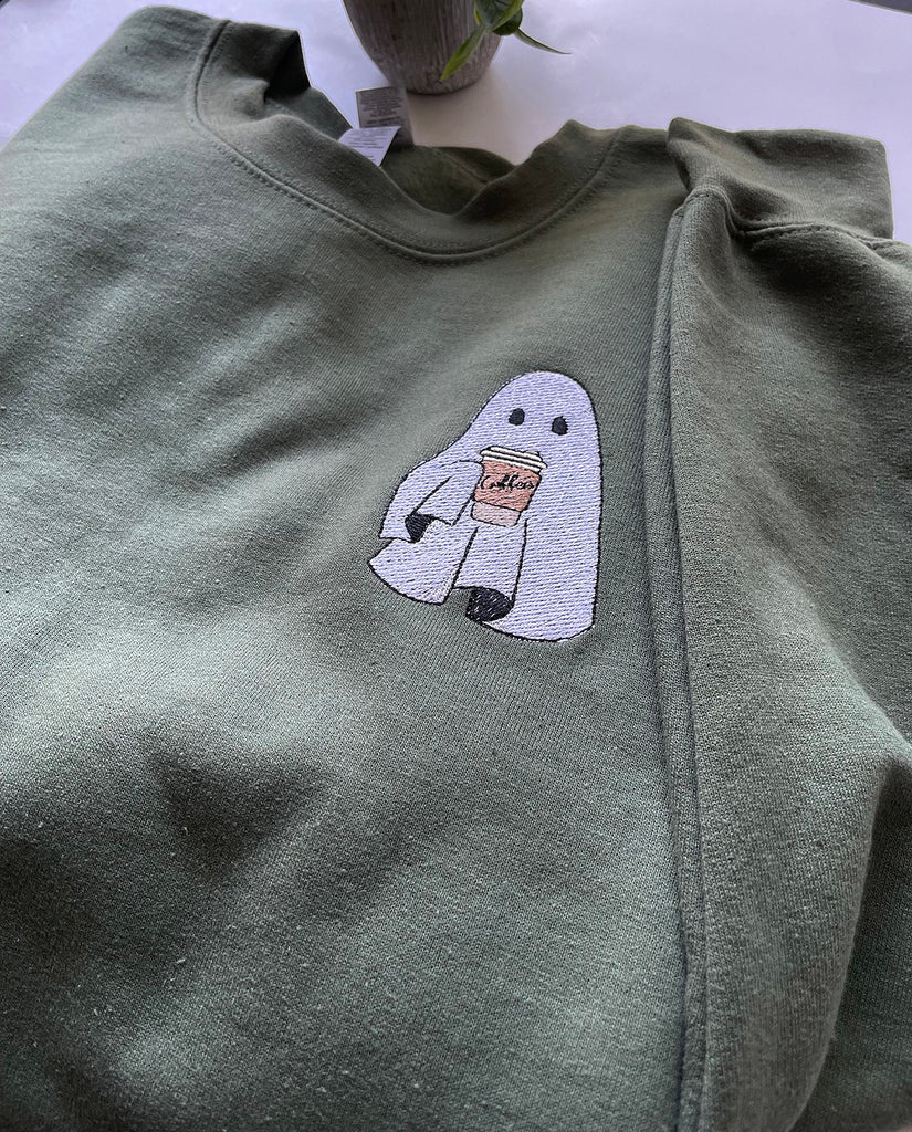 Embroidered Spooky Coffee Pumpkin Sweatshirt / Halloween Ghost Sweatshirt