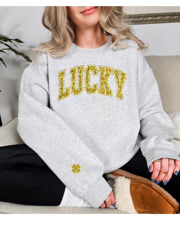 Glitter Lucky Sweatshirt - Irish Sweatshirt - Shamrock Elbow Patch Sweatshirt - St Pattys Sweatshirt - St Patricks Day Outfit -