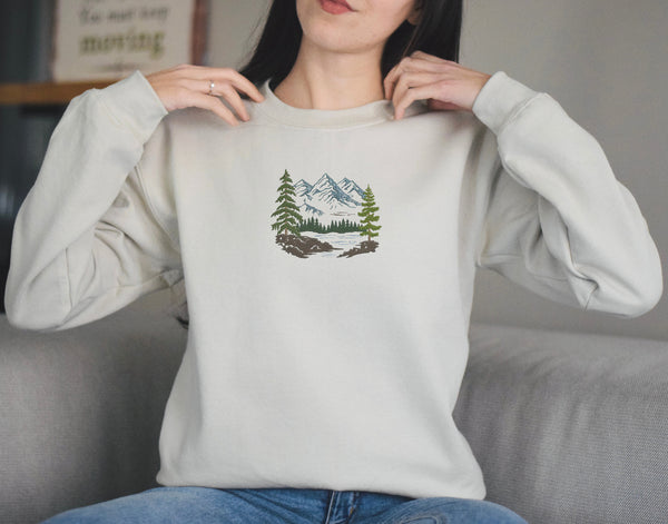 Forest Pine Trees and Mountains Lake Embroidered Sweatshirt, Forest Embroidered Sweatshirt ,Nature Scene Embroidered Sweatshirt