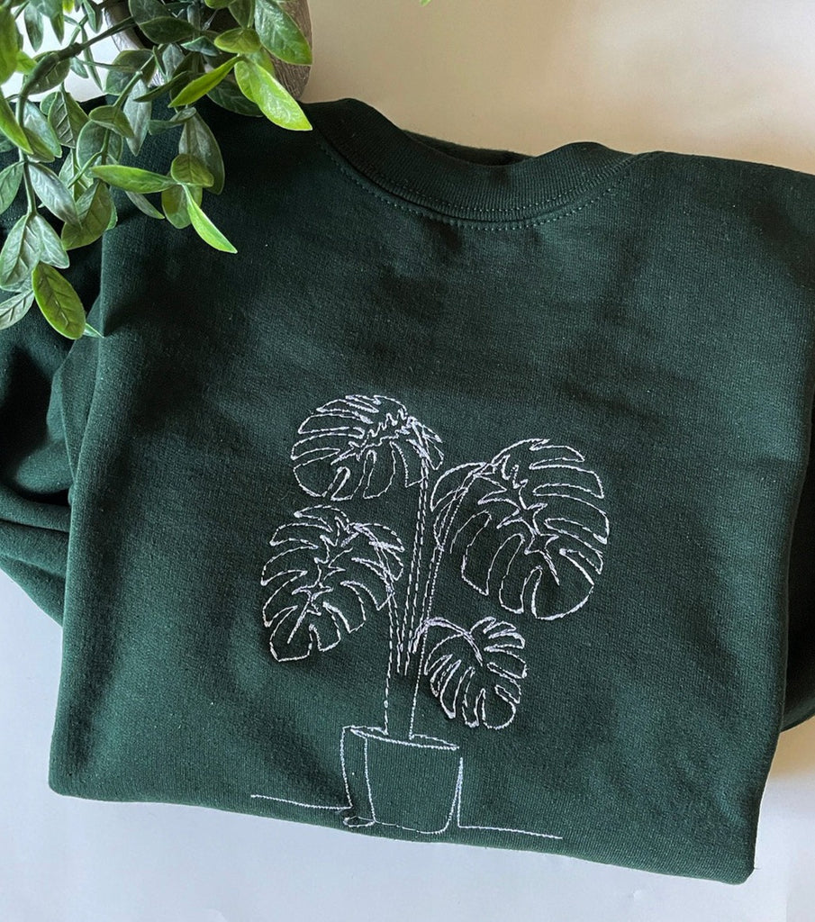 Embroidered Monstera Plant Sweatshirt, Embroidery Houseplant Monstera Sweatshirt