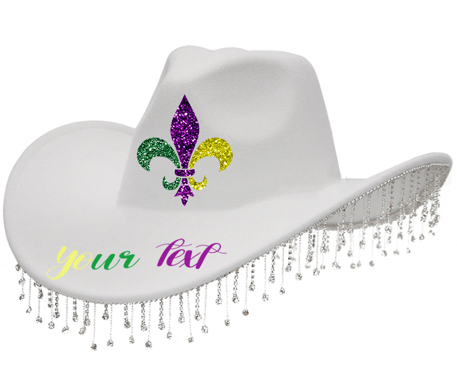 Mardi Gras Crystal Bling Rhinestone Chain Fringe Trim Cowboy Hat /Personalized Mardi Gras cap /Mardi Gras Hat