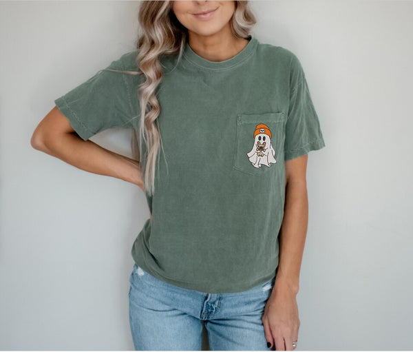 Embroidered Ghost with French Bulldog Comfort Color Pocket T-shirts