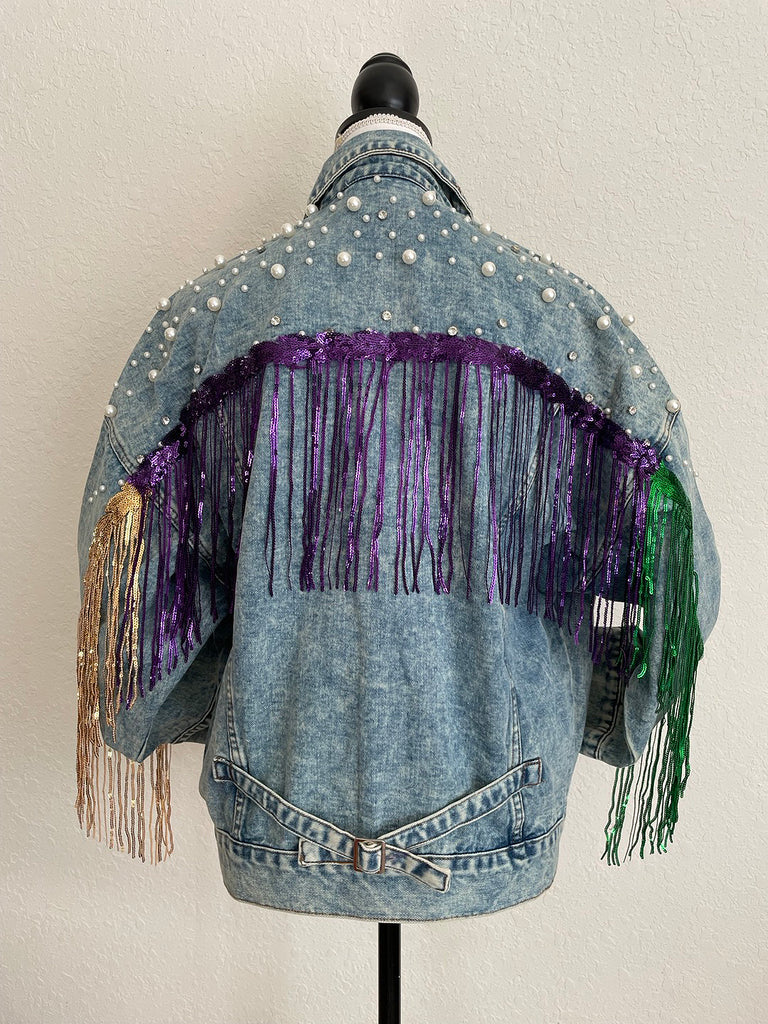 Mardi Gras jeans jacket /Fleur De Lis jeans jacket/ Rhinestone Fringe Trim Jacke