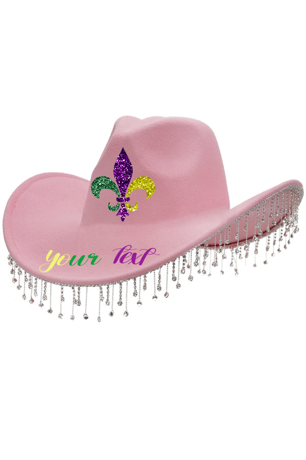 Mardi Gras Crystal Bling Rhinestone Chain Fringe Trim Cowboy Hat /Personalized Mardi Gras cap /Mardi Gras Hat