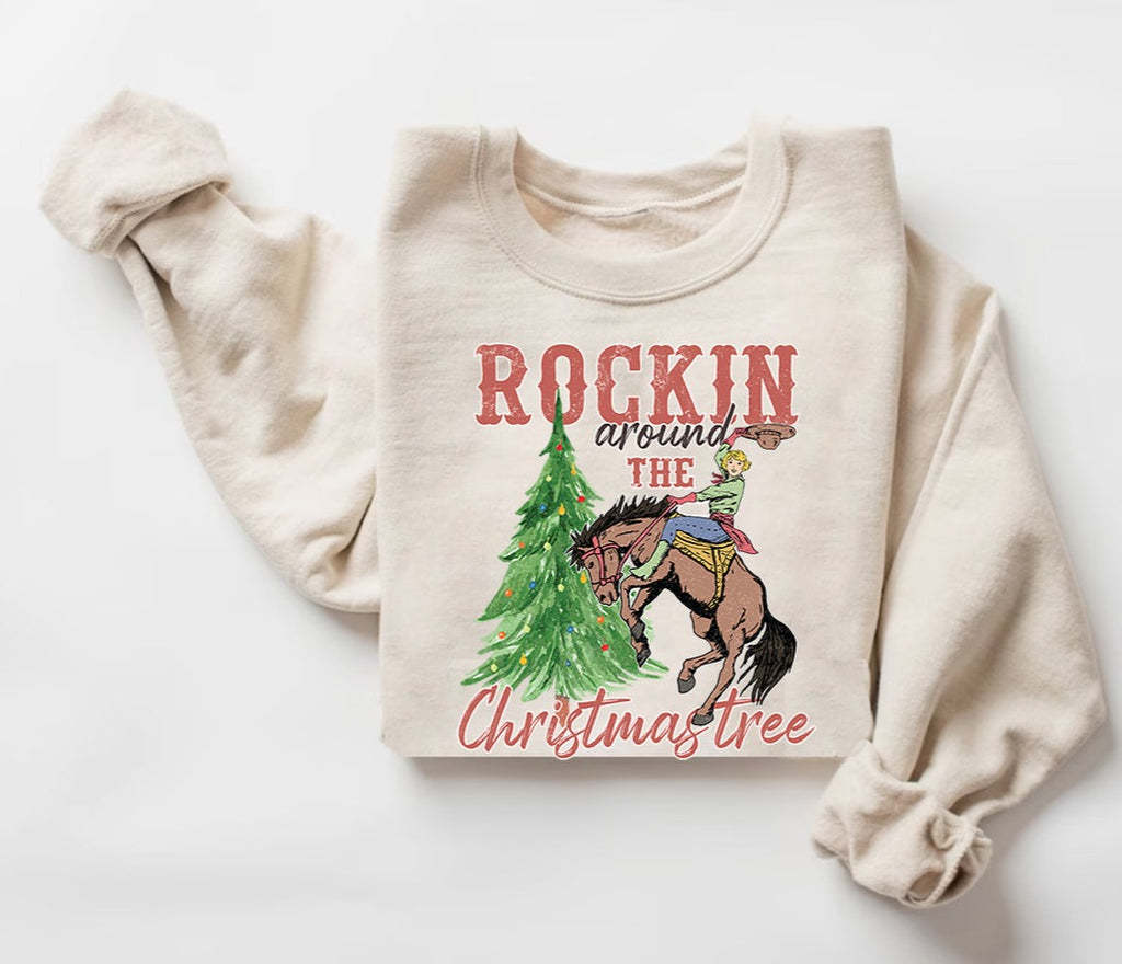 Rockin' Around The Christmas Tree Shirt, Retro Christmas Western Sweatshirt, Cowboy Christmas Sweater, Christmas Gift, Family Shirt