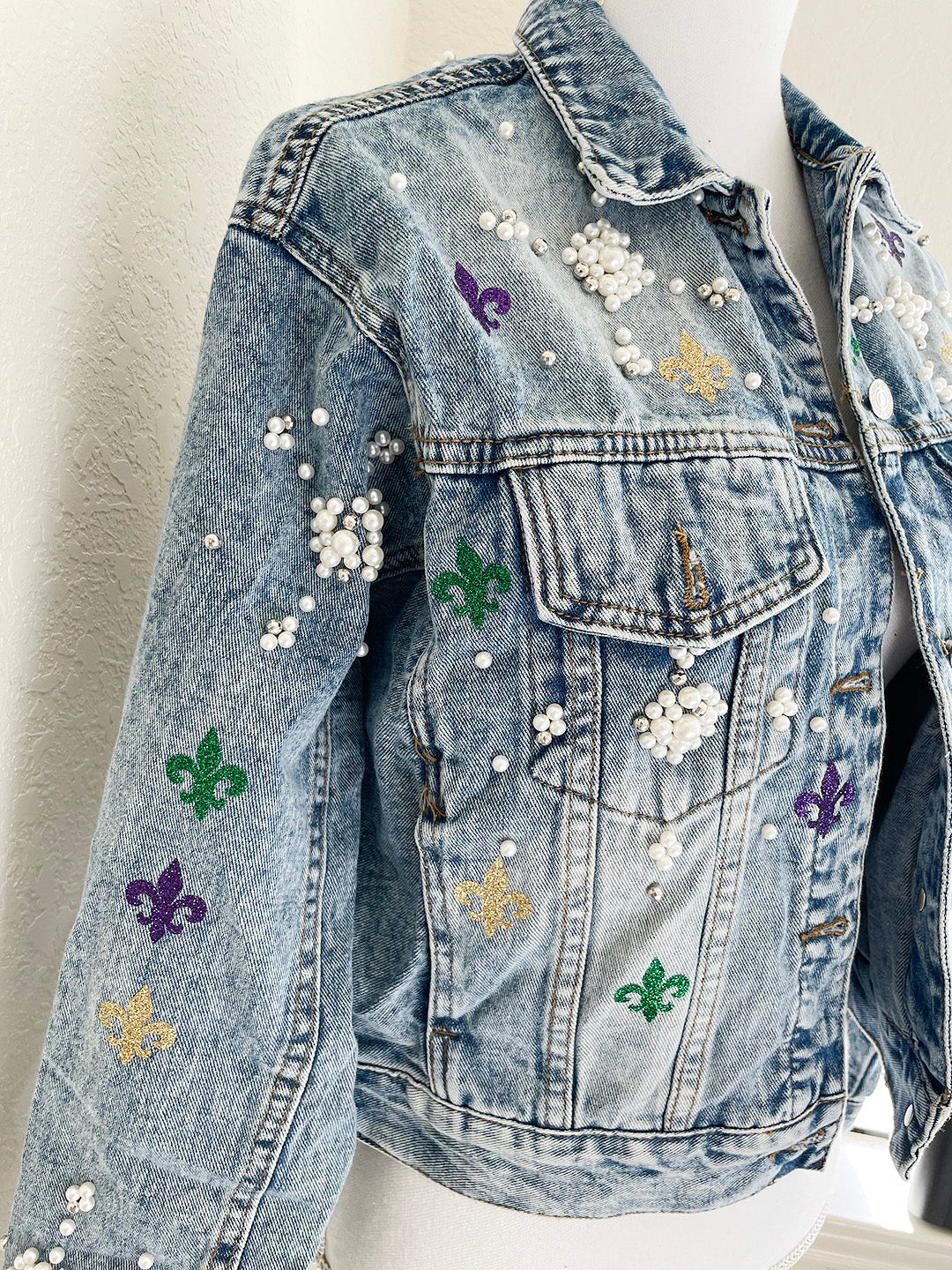 Mardi Gras jeans jacket /Fleur De Lis jeans jacket/ Rhinestone