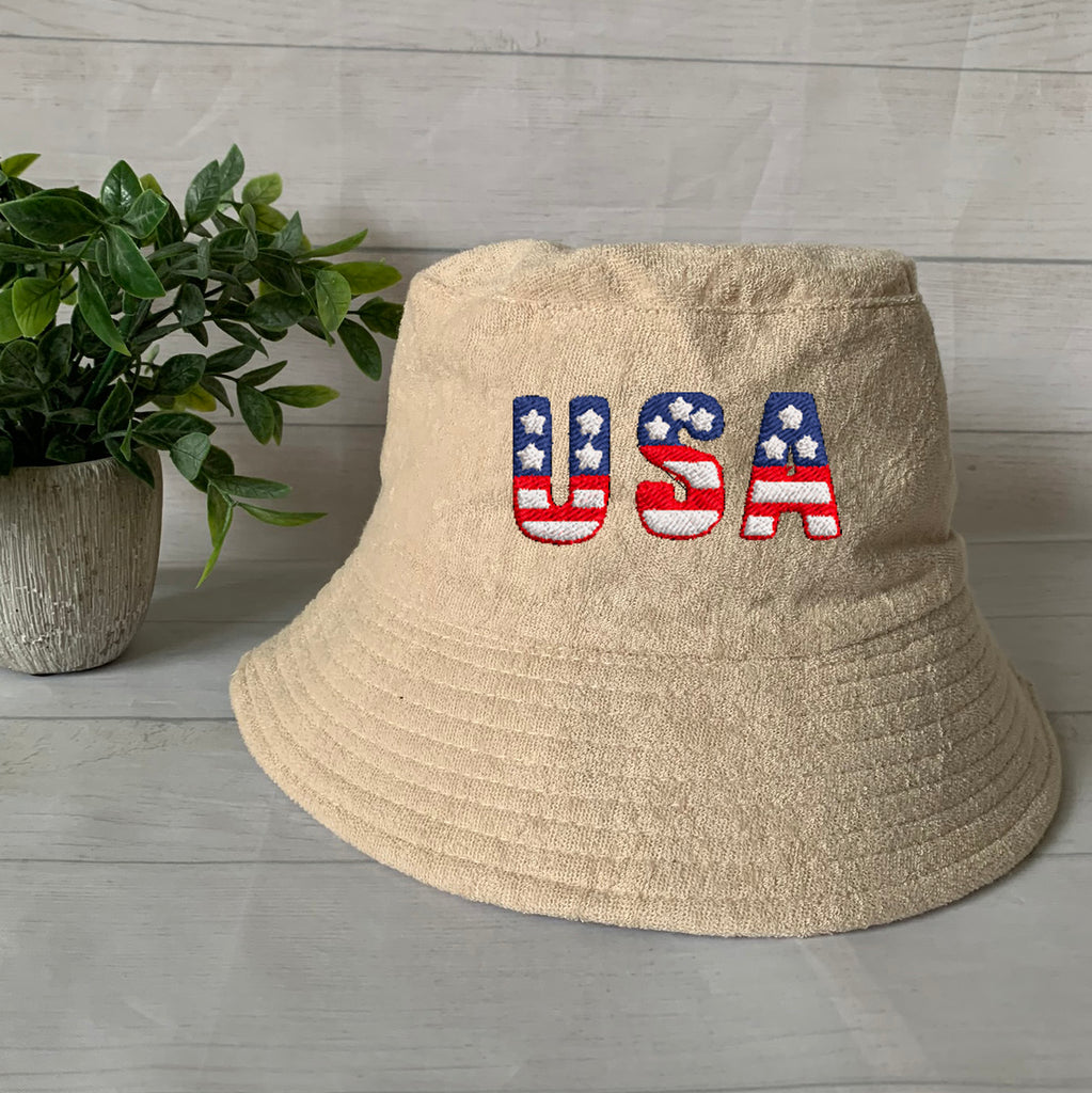 USA Flag Embroidery Terry towel Bucket Hat ,Personalized USA Flag Bucket Hat, 4th of July Hat , Patriotic cap, Fourth of July, Add your name