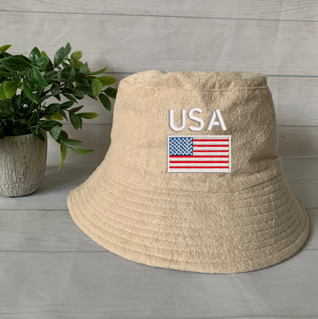 USA Flag/Map Embroidery Terry towel Bucket Hat ,Personalized USA