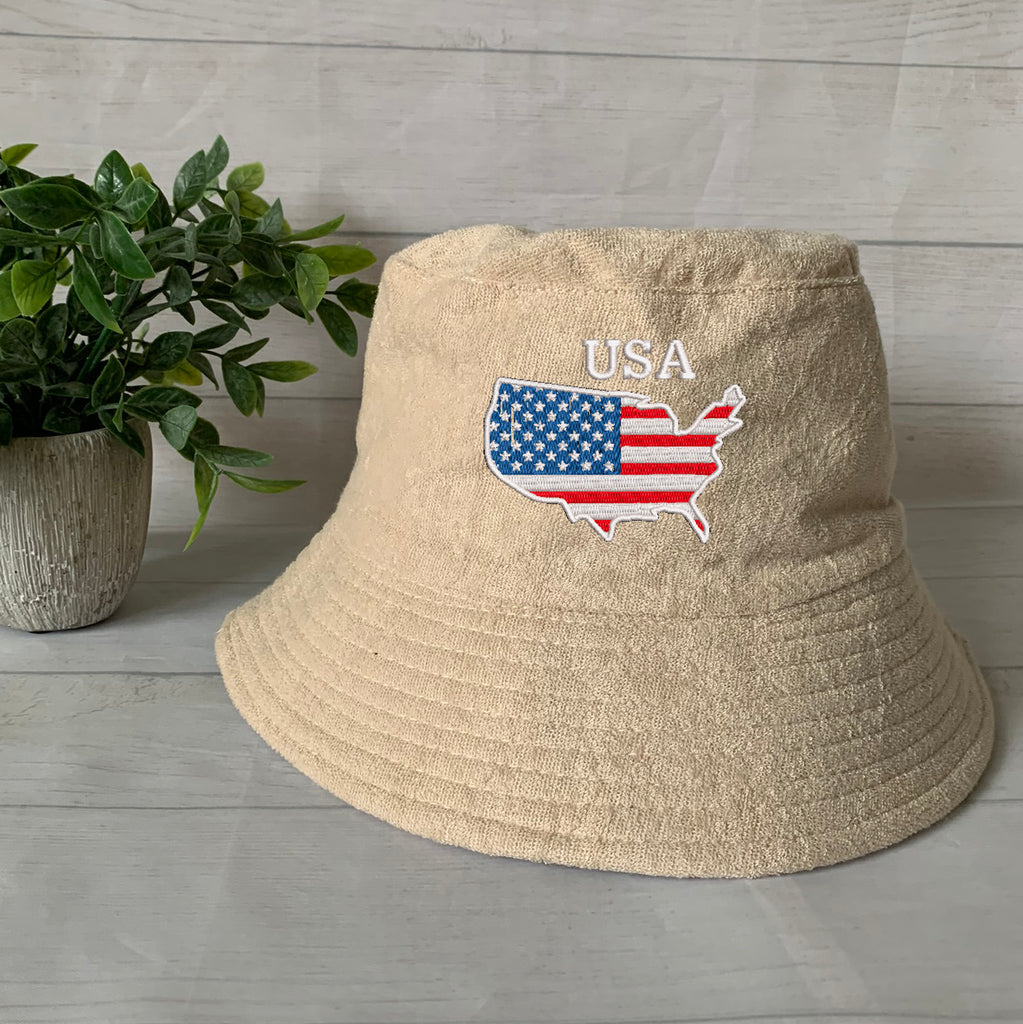 USA Flag/Map Embroidery Terry towel Bucket Hat ,Personalized USA Flag Bucket Hat, 4th of July Hat , Patriotic cap, Fourth of July, Add Name