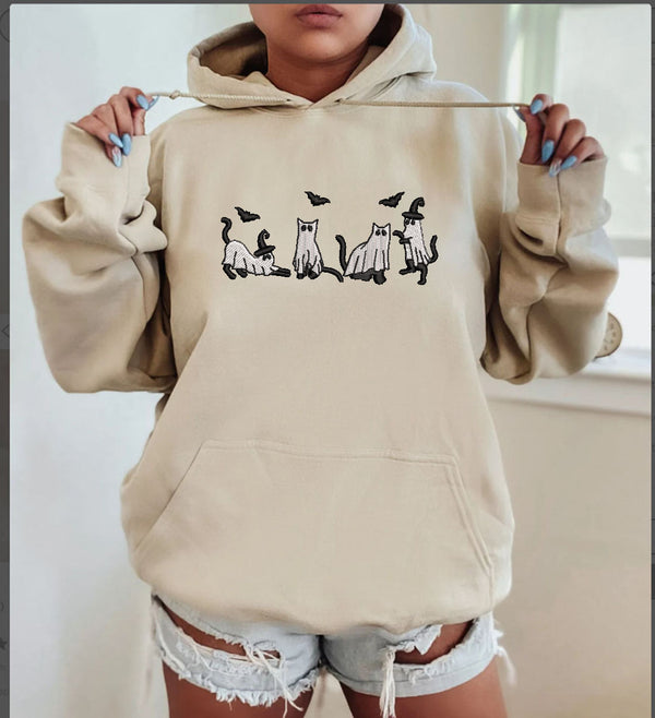 Spooky Season Hoodie Sweatshirt,  Embroidered Cat Ghost Sweatshirts | Spooky Halloween Season Crewnecks,Cute Halloween Apparel, Fall Season Crewneck ,Spooky Season