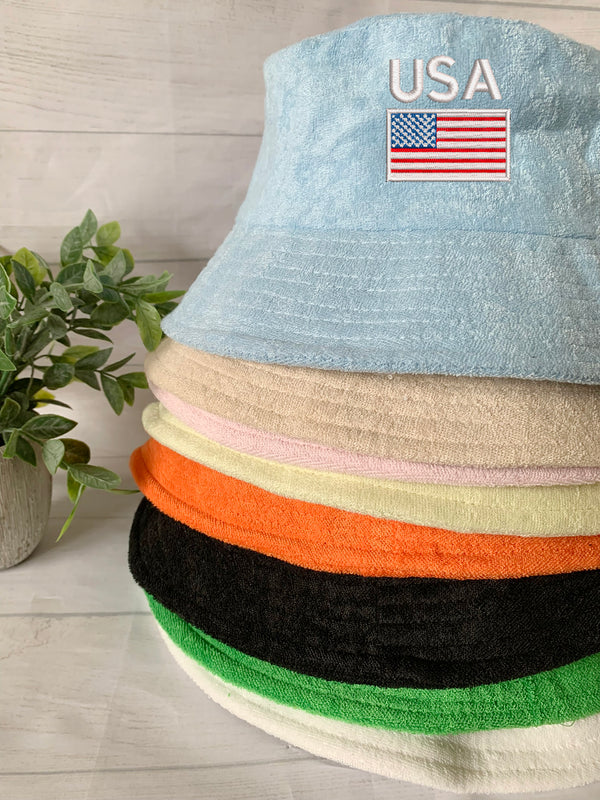 USA Flag/Map Embroidery Terry towel Bucket Hat ,Personalized USA Flag Bucket Hat, 4th of July Hat , Patriotic cap, Fourth of July, Add Name