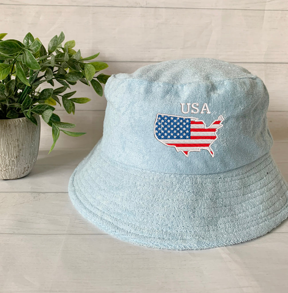 USA Flag/Map Embroidery Terry towel Bucket Hat ,Personalized USA Flag Bucket Hat, 4th of July Hat , Patriotic cap, Fourth of July, Add Name