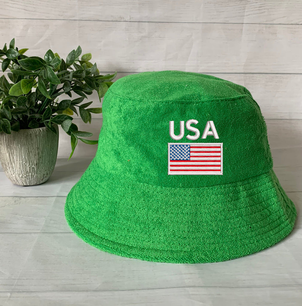 USA Flag/Map Embroidery Terry towel Bucket Hat ,Personalized USA Flag Bucket Hat, 4th of July Hat , Patriotic cap, Fourth of July, Add Name