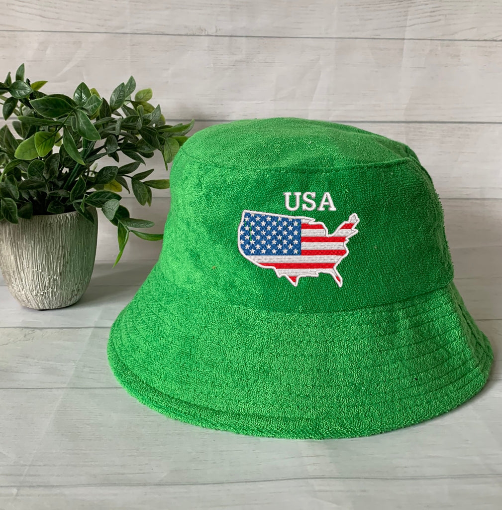 USA Flag/Map Embroidery Terry towel Bucket Hat ,Personalized USA Flag Bucket Hat, 4th of July Hat , Patriotic cap, Fourth of July, Add Name