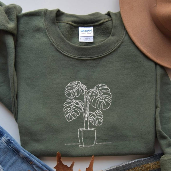 Embroidered Monstera Plant Sweatshirt, Embroidery Houseplant Monstera Sweatshirt
