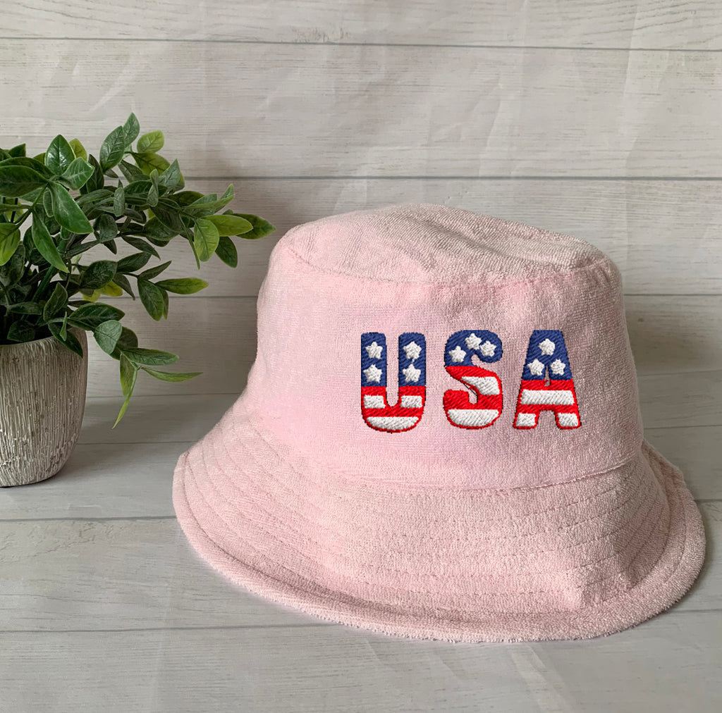 USA Flag Embroidery Terry towel Bucket Hat ,Personalized USA Flag Bucket Hat, 4th of July Hat , Patriotic cap, Fourth of July, Add your name