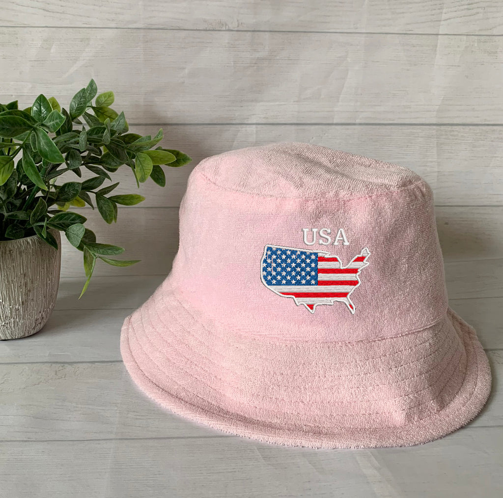 USA Flag/Map Embroidery Terry towel Bucket Hat ,Personalized USA Flag Bucket Hat, 4th of July Hat , Patriotic cap, Fourth of July, Add Name