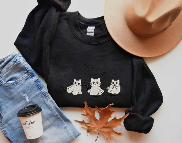 Spooky cat Season Sweatshirt, Embroidered Autumn Shirt, Embroidered Shirt, Pumpkin Spice, Happy Fall Y'All, Thanksgiving Shirt, Fall Sweatshirt