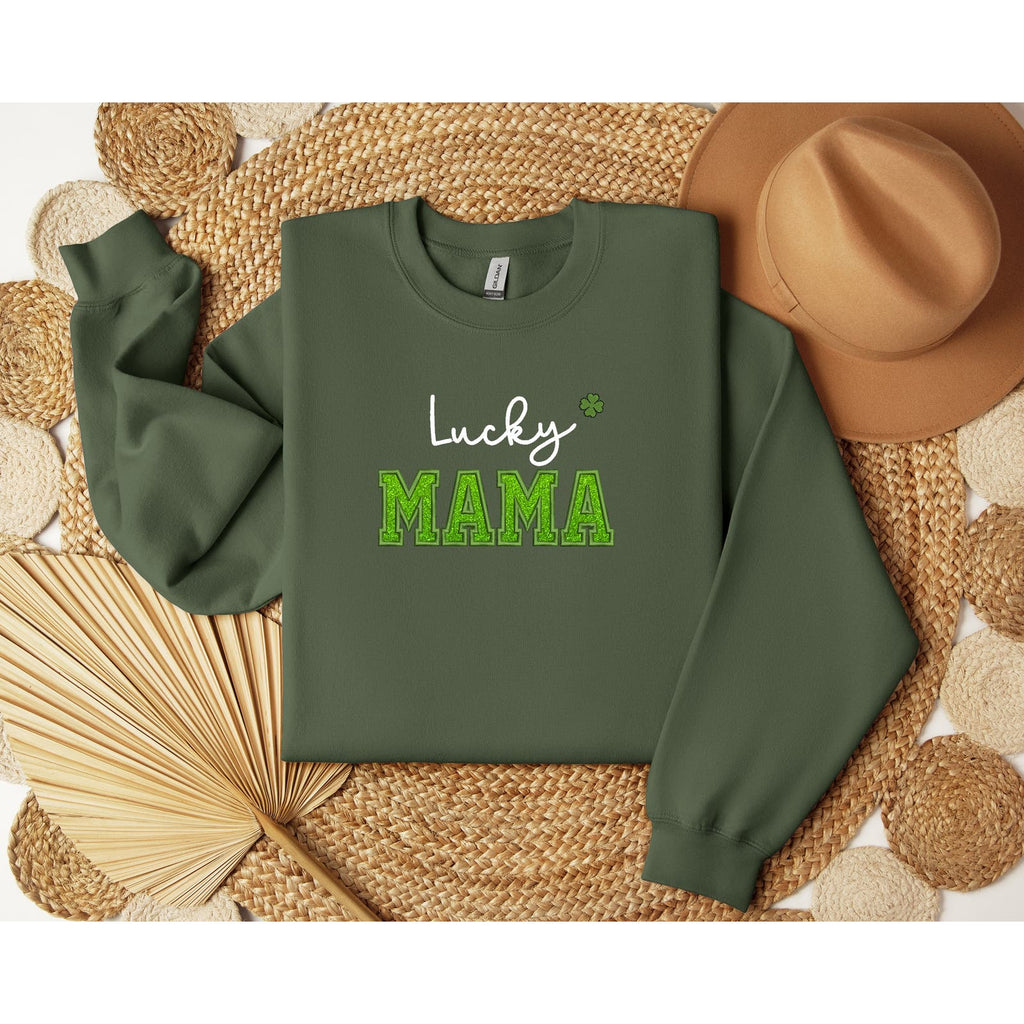 St. Pactrick’s Lucky Mama Embroidery Glitter Crewneck Sweatshirts, Mama Shamrock Sweatshirts, Mom St Pattys Day Outfit, Lucky mom shirts