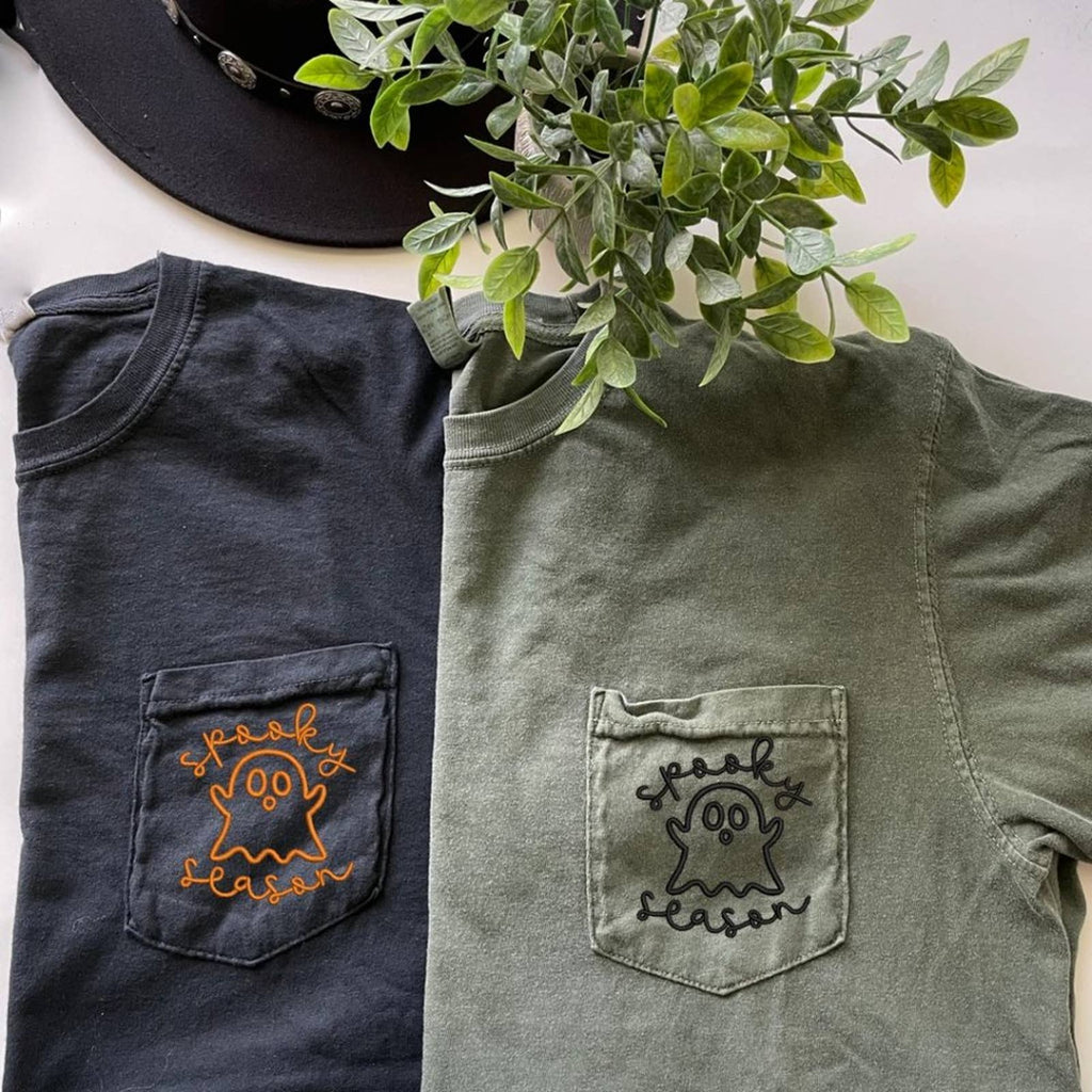 Embroidered Spooky Season Comfort Color Pocket T-shirts / Halloween Ghost Shirts