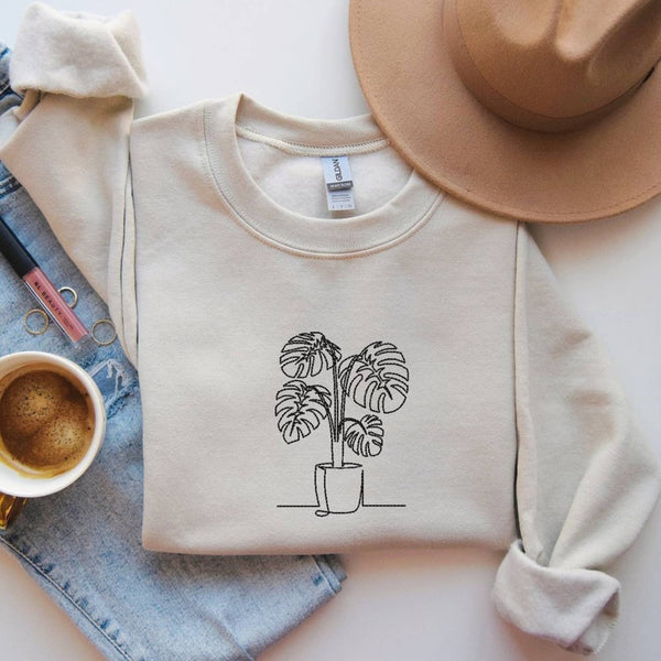 Embroidered Monstera Plant Sweatshirt, Embroidery Houseplant Monstera Sweatshirt