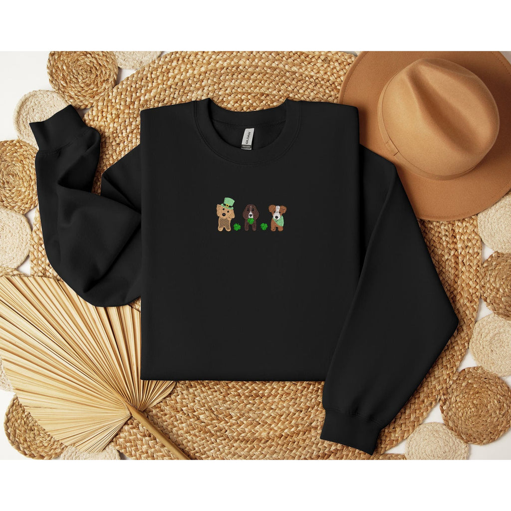 St. Pactrick’s Day Puppy Trio Sketch Embroidery Crewneck Sweatshirts, Dog Embroidery Shamrock Sweatshirts, Puppy embroidery sweatshirts