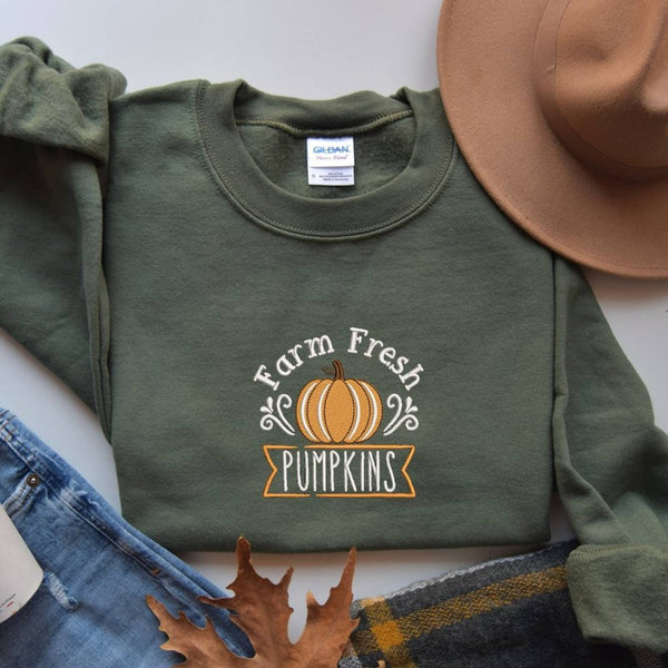 Embroidered Farm Fresh Pumpkins Sweatshirt / Fall Thanksgiving Sweatshirts