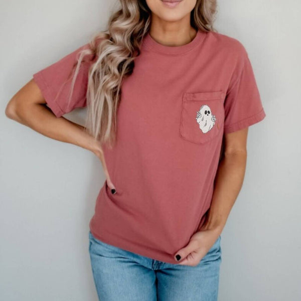 Embroidered Halloween Spooky Season Comfort Color Pocket T-shirts, Fall, Pumpkin T-shirts