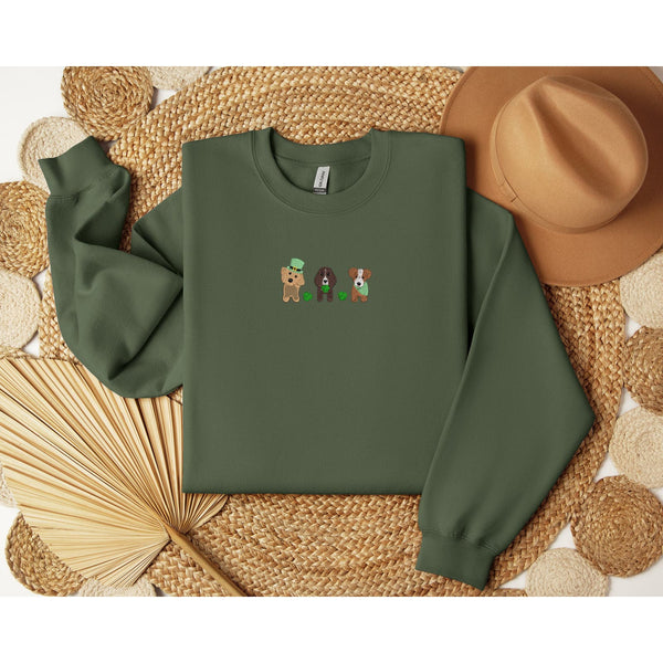St. Pactrick’s Day Puppy Trio Sketch Embroidery Crewneck Sweatshirts, Dog Embroidery Shamrock Sweatshirts, Puppy embroidery sweatshirts