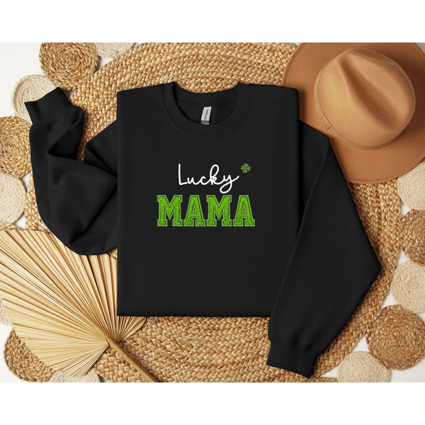 St. Pactrick’s Lucky Mama Embroidery Glitter Crewneck Sweatshirts, Mama Shamrock Sweatshirts, Mom St Pattys Day Outfit, Lucky mom shirts