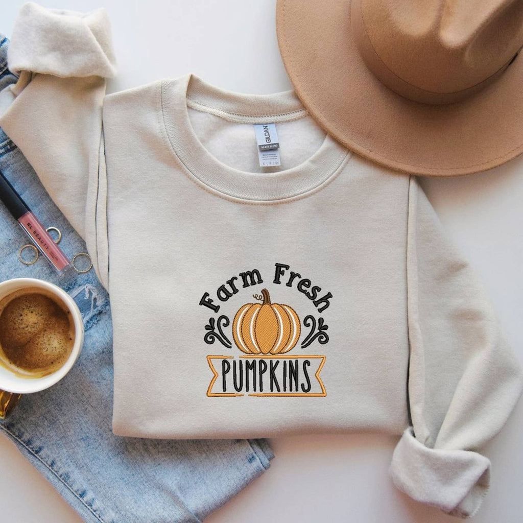 Embroidered Farm Fresh Pumpkins Sweatshirt / Fall Thanksgiving Sweatshirts