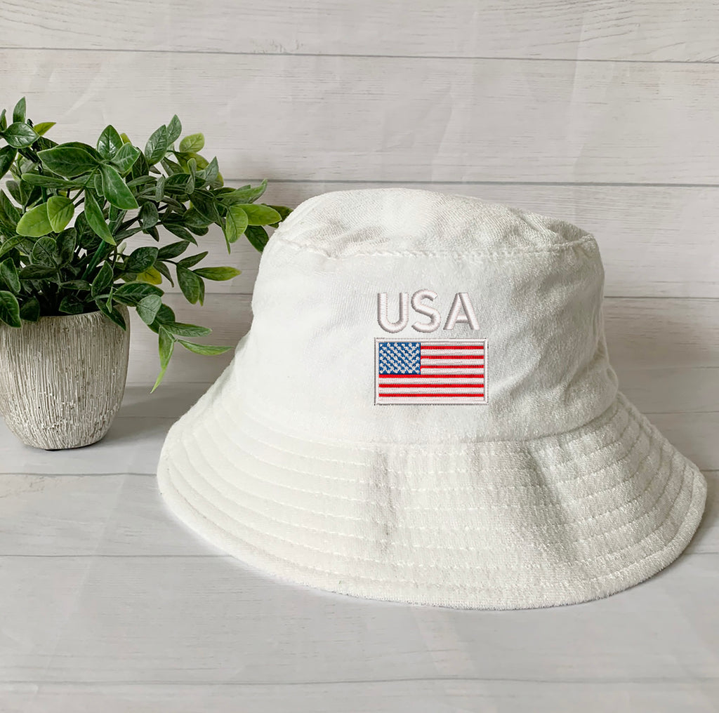 USA Flag/Map Embroidery Terry towel Bucket Hat ,Personalized USA