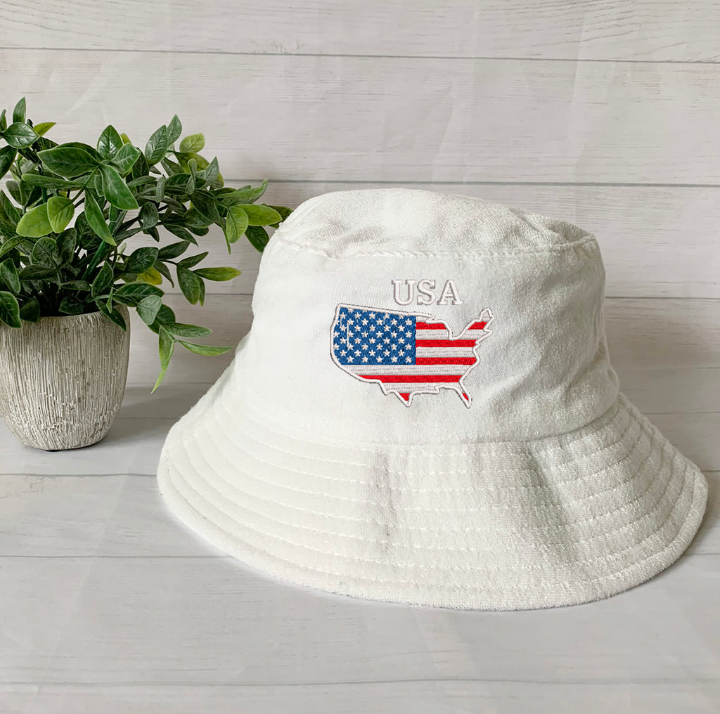 USA Flag/Map Embroidery Terry towel Bucket Hat ,Personalized USA Flag Bucket Hat, 4th of July Hat , Patriotic cap, Fourth of July, Add Name