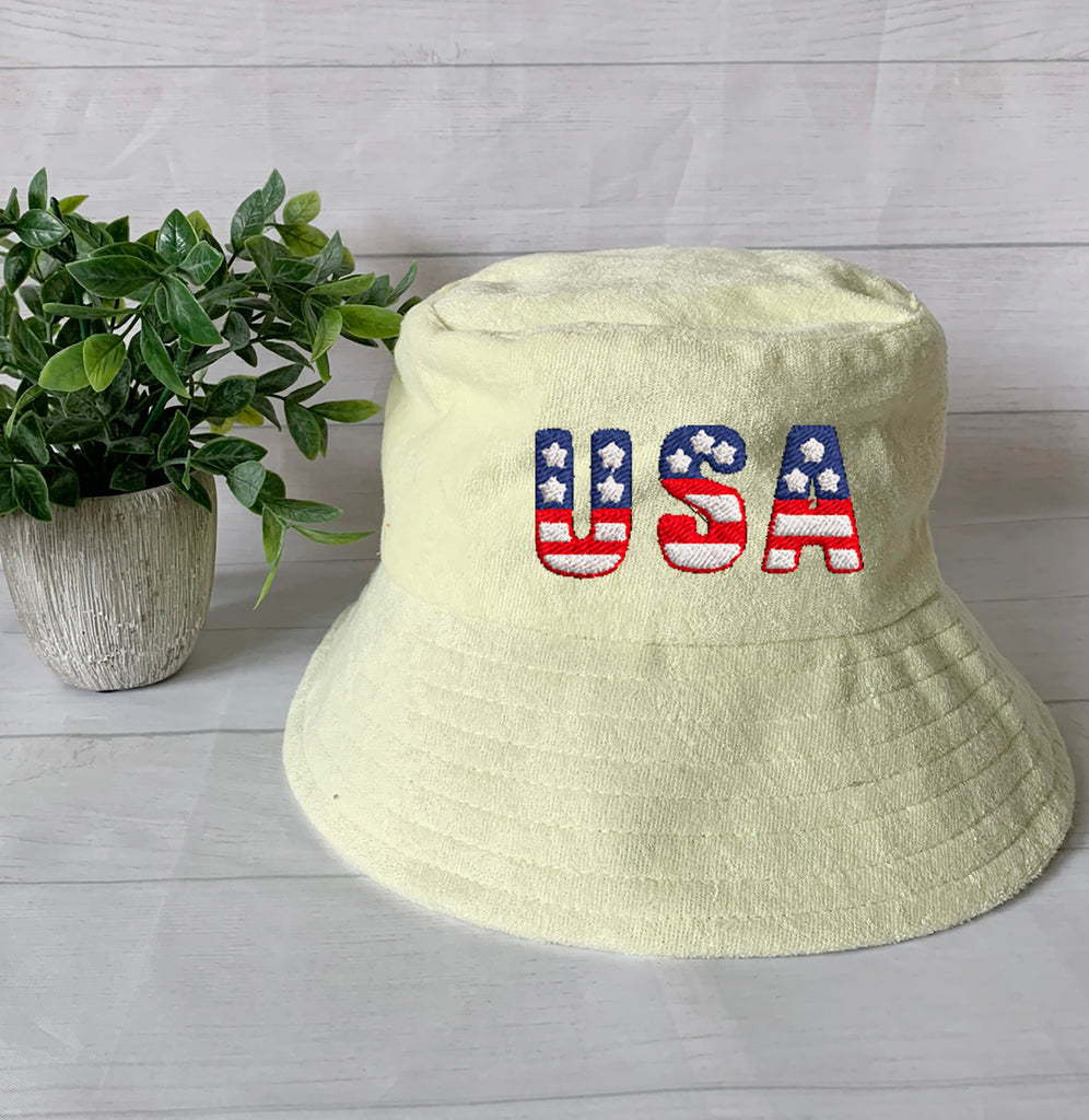 USA Flag Embroidery Terry towel Bucket Hat ,Personalized USA Flag Bucket Hat, 4th of July Hat , Patriotic cap, Fourth of July, Add your name