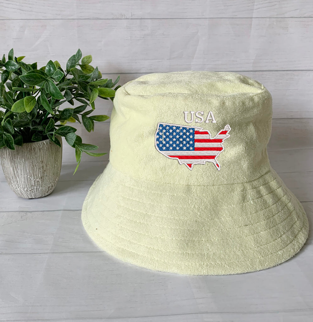 USA Flag/Map Embroidery Terry towel Bucket Hat ,Personalized USA Flag Bucket Hat, 4th of July Hat , Patriotic cap, Fourth of July, Add Name