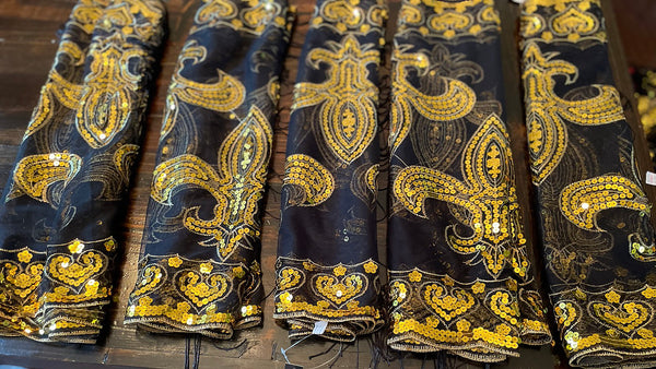 Gold and black scarf Sequin Fleur 'de Lis Fringe Oblong Scarf