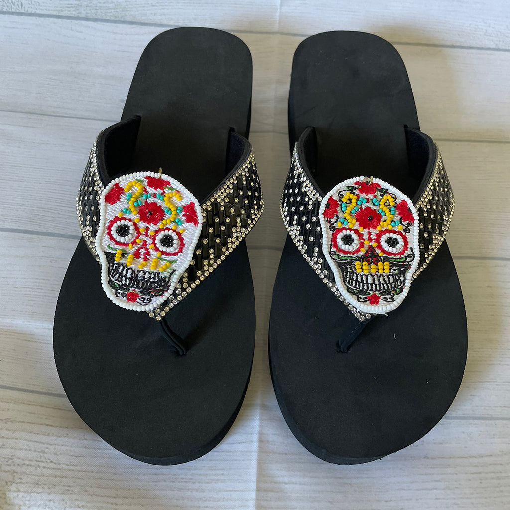 Women Flip Flop / Bling Rhinestone Sandals /Sugar Skull flowers